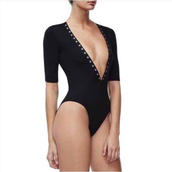 GOOD AMERICAN Snap Queen Black Half Sleeve Plunge V-Neck Bodysuit, Size 2/M - Picture 3 of 15